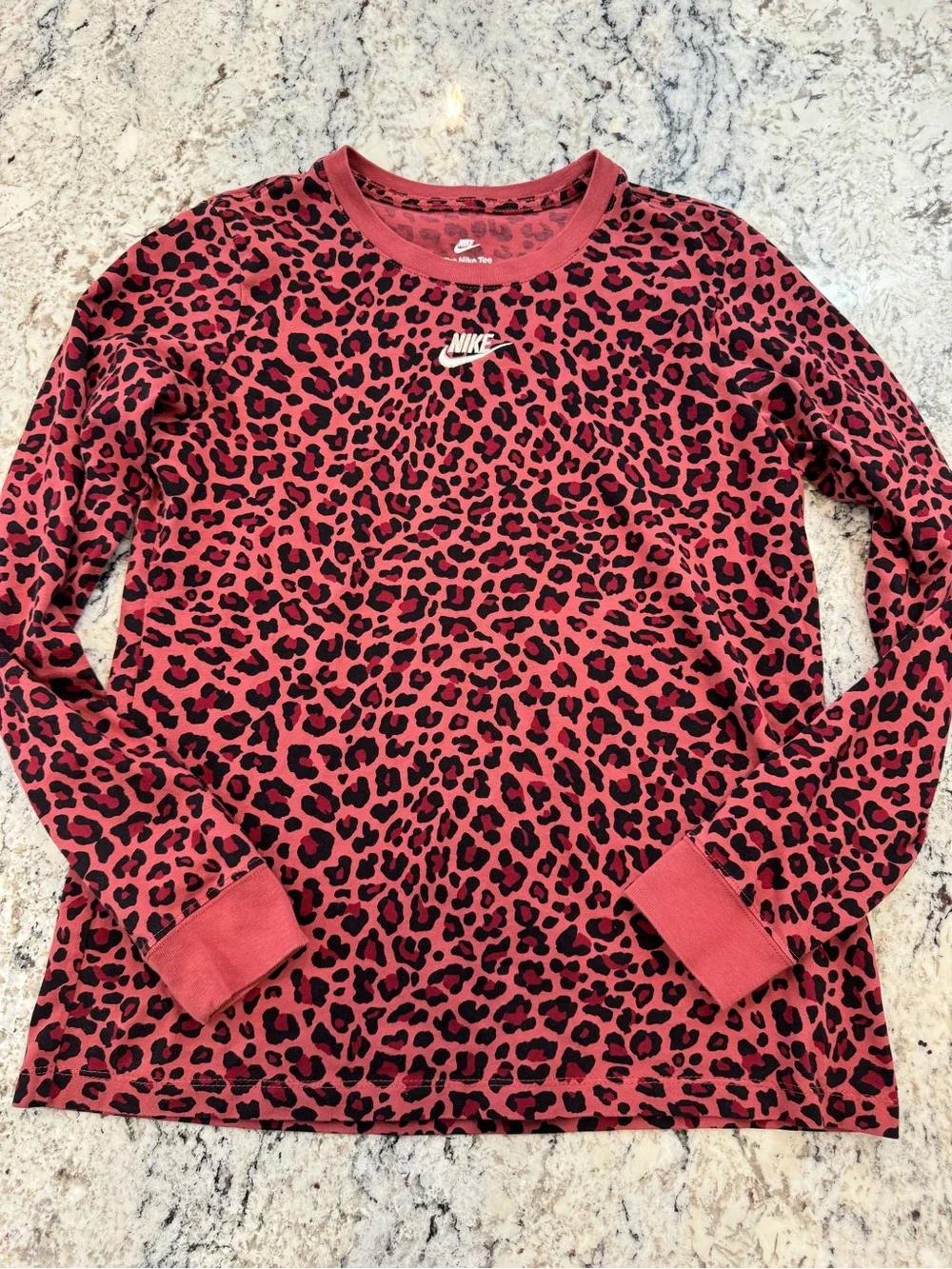 Nike Leopard Print Long Sleeve Tee | Pink & Black | Size Medium